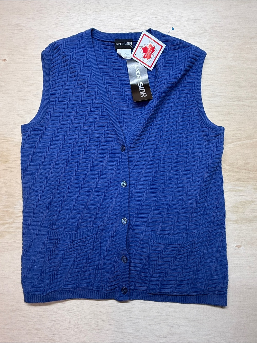 Excelsior Blue Sweater Vest Womens M Button Front Textured Knit Made Canada